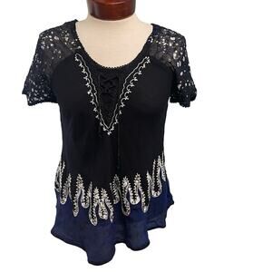 Sakkas Top Black Blue Embroidered Boho Whimsigoth Fairycore Boho Artsy Free Size